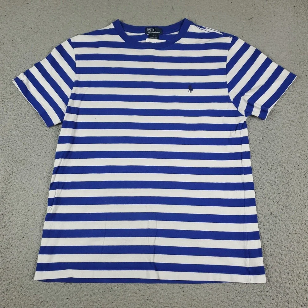 Ralph Lauren T Shirt Boys Size Large Blue White Striped Short Sleeve Kids/Youth
